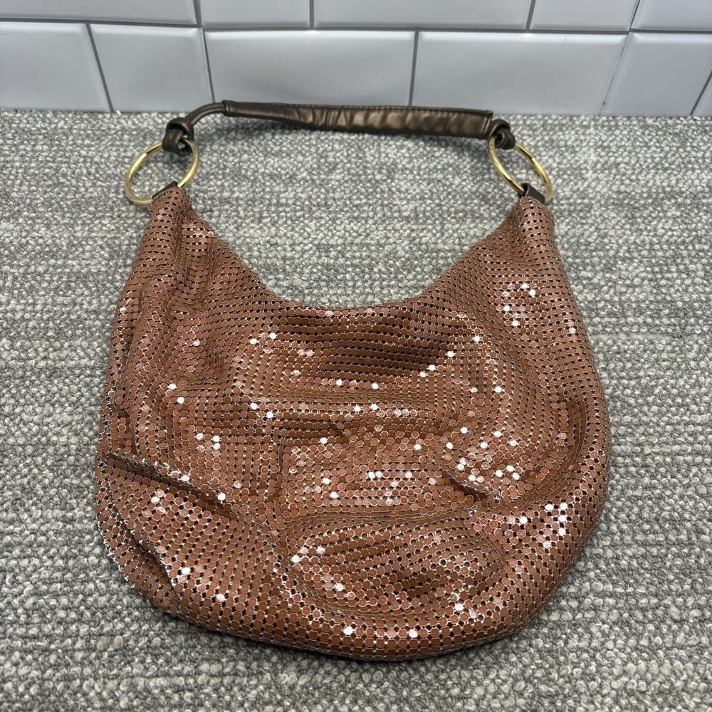 Brown Castle Core Chain Mesh Handbag Purse Zipper Top Hoop Handle Holder Cool H3